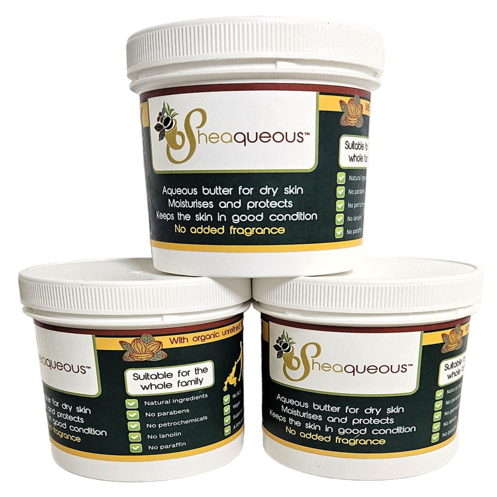 3 Pots of Sheaqueous Aqueous Cream with Shea Butter, Almond Oil, cocoa butter, vitamin E. A natural aqueous cream for very dry skin, for Sensitive Skin, Children, Eczema prone skin , Use in Pregnancy for expanding tummy NO ADDED FRAGRANCE