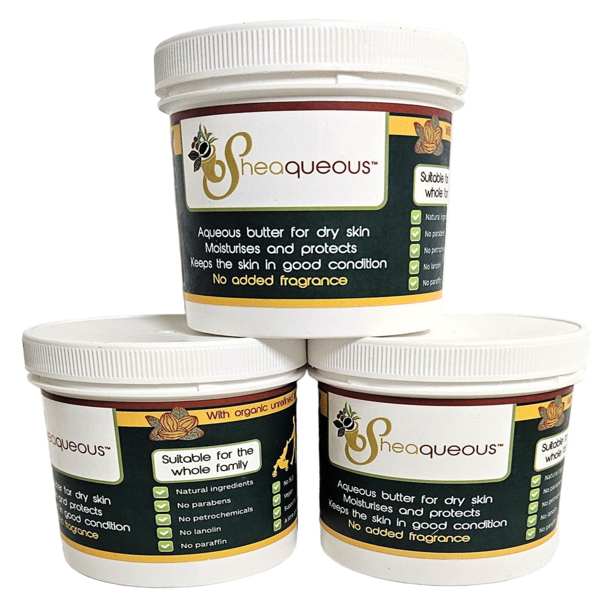 3 Pots of Sheaqueous Aqueous Cream with Shea Butter, Almond Oil, cocoa butter, vitamin E. A natural aqueous cream for very dry skin, for Sensitive Skin, Children, Eczema prone skin , Use in Pregnancy for expanding tummy NO ADDED FRAGRANCE