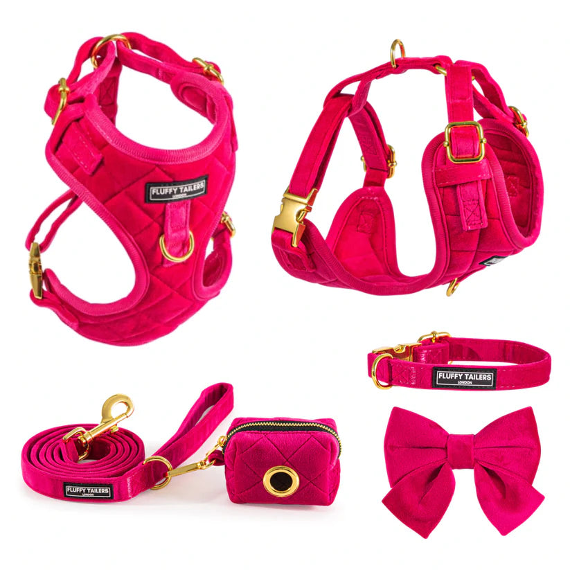 Pretty in Pink Collection- Dog Harness, Collar, Bow Tie, Lead and Poop Bag Holder by Fluffy Tailers
