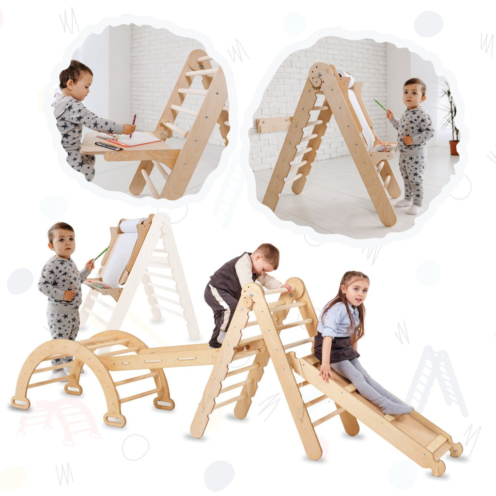 5in1 Montessori Climbing Frame: Triangle Ladder + Climbing Arch + Slide Board + Climbing Net + Art Add-on