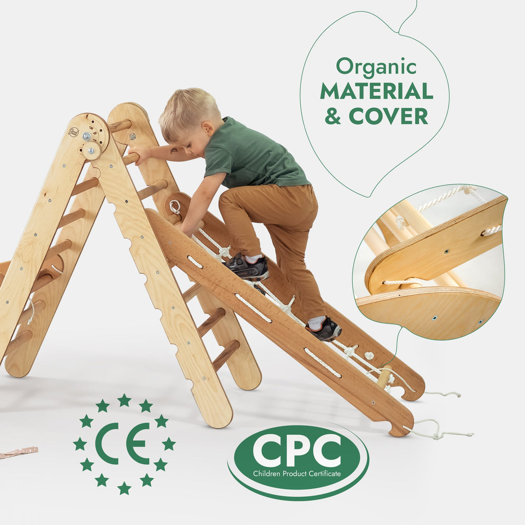 5in1 Montessori Climbing Frame: Pikler Triangle + Arch/Rocker + Slide Board/Ramp + Netting rope + Cushion