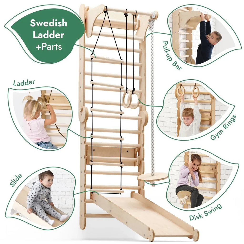 6in1 Swedish Ladder for Kids – Converts into Pikler Triangle + Slide + Swing