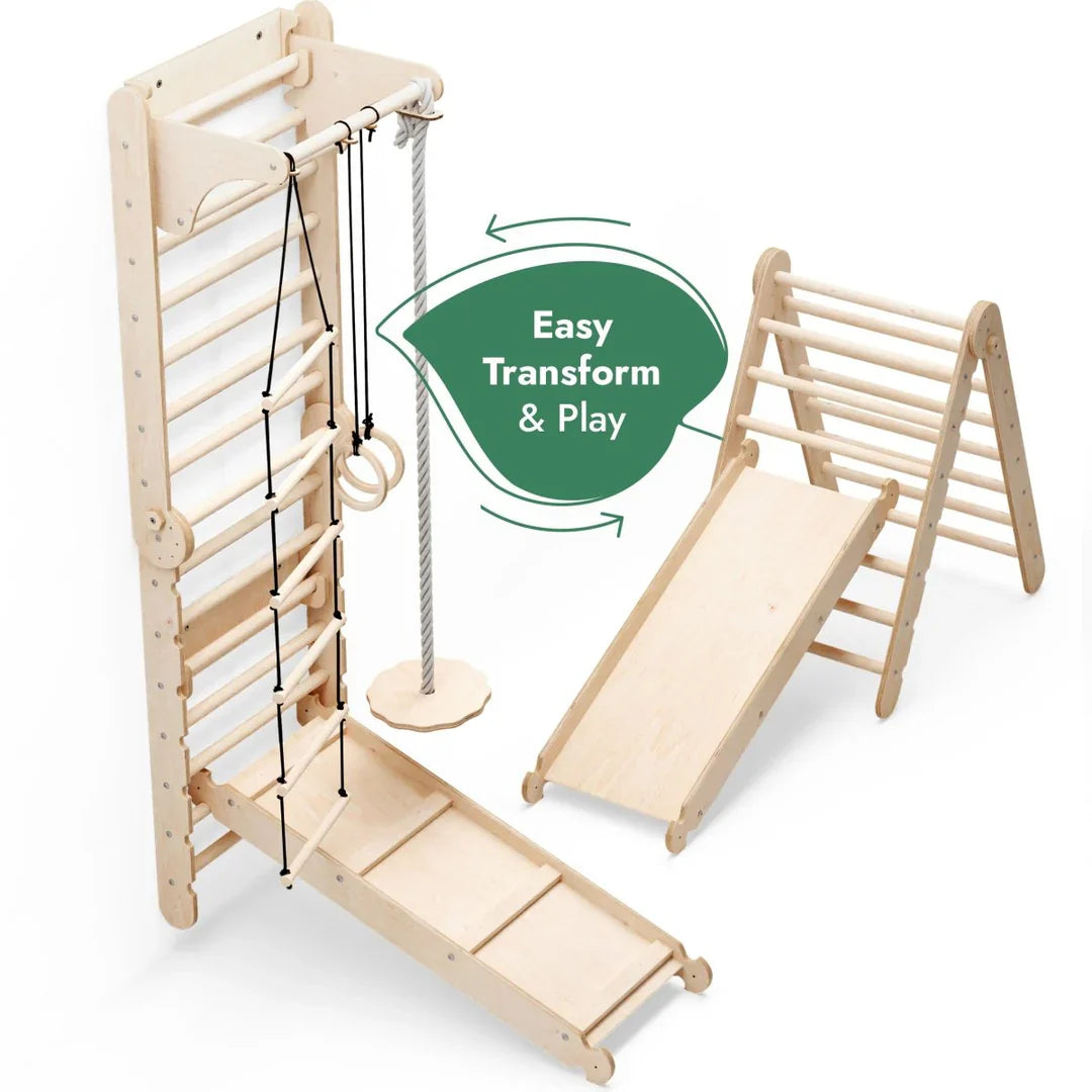6in1 Swedish Ladder for Kids – Converts into Pikler Triangle + Slide + Swing