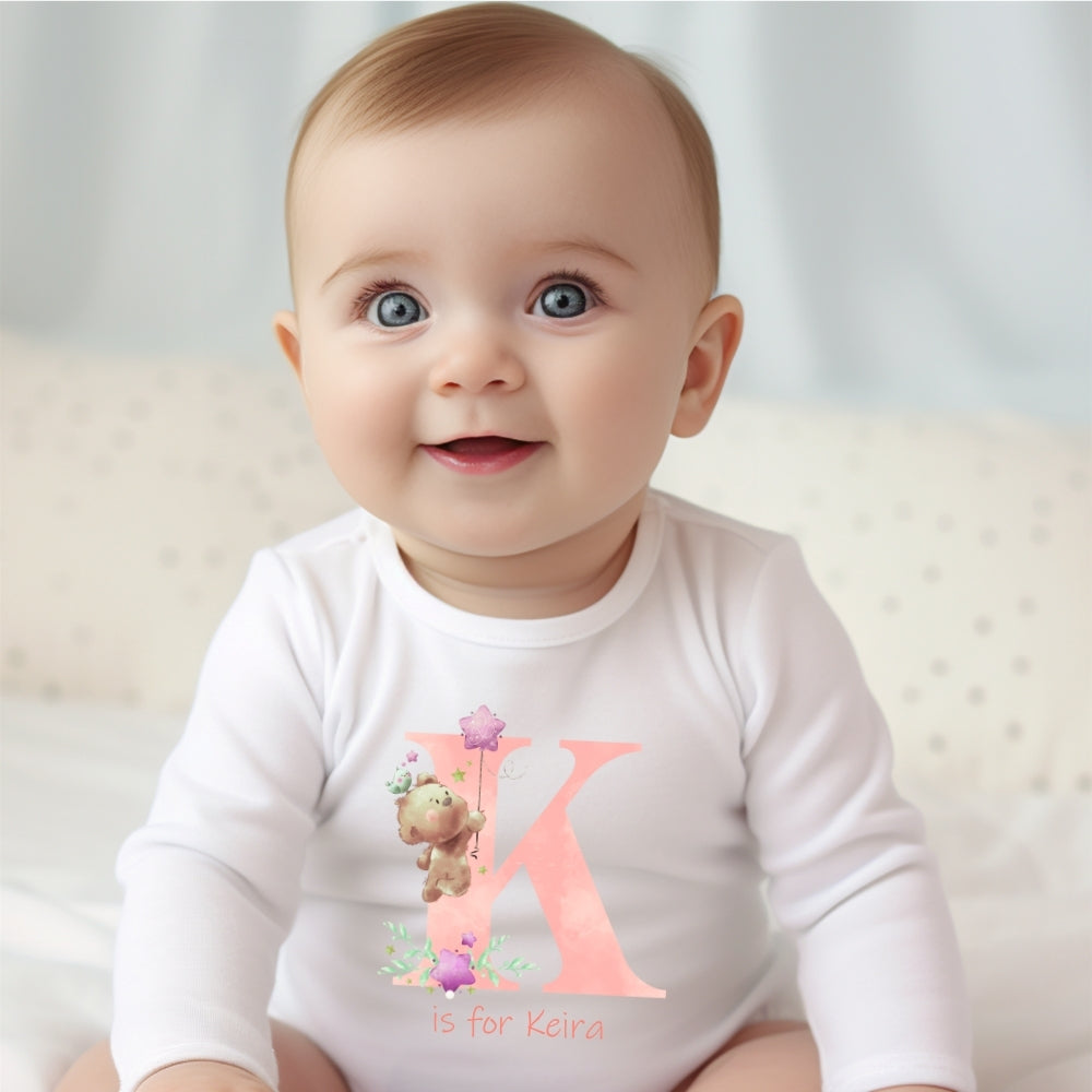 Personalised Pink Initial Teddies Baby Outfit: Bib, Vest, Baby Grow