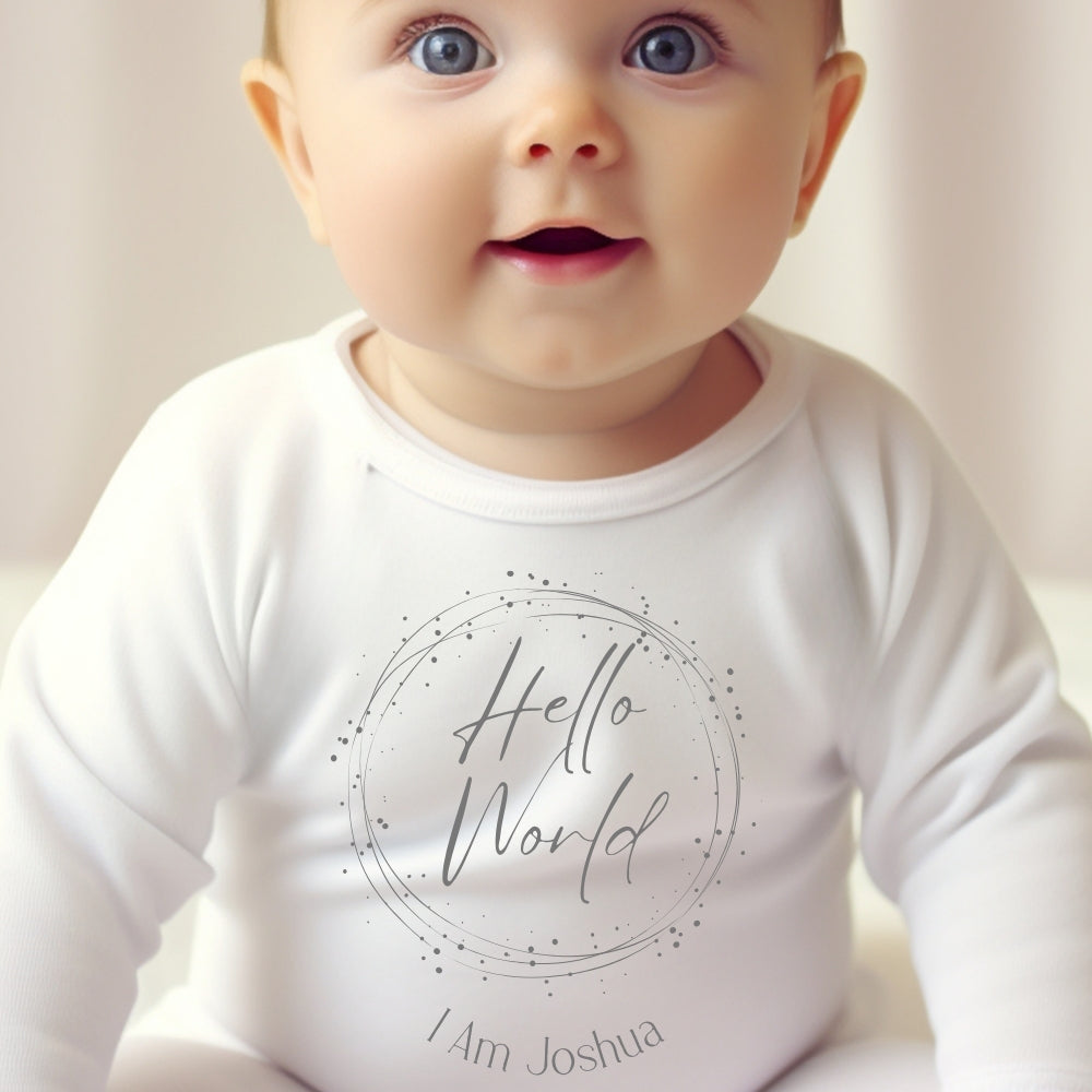 Personalised Hello World Circle Baby Outfit: Bib, Vest, Baby Grow