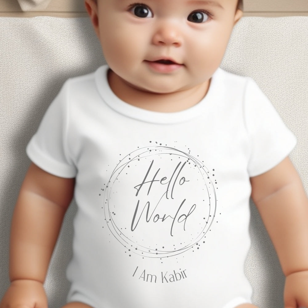 Personalised Hello World Circle Baby Outfit: Bib, Vest, Baby Grow