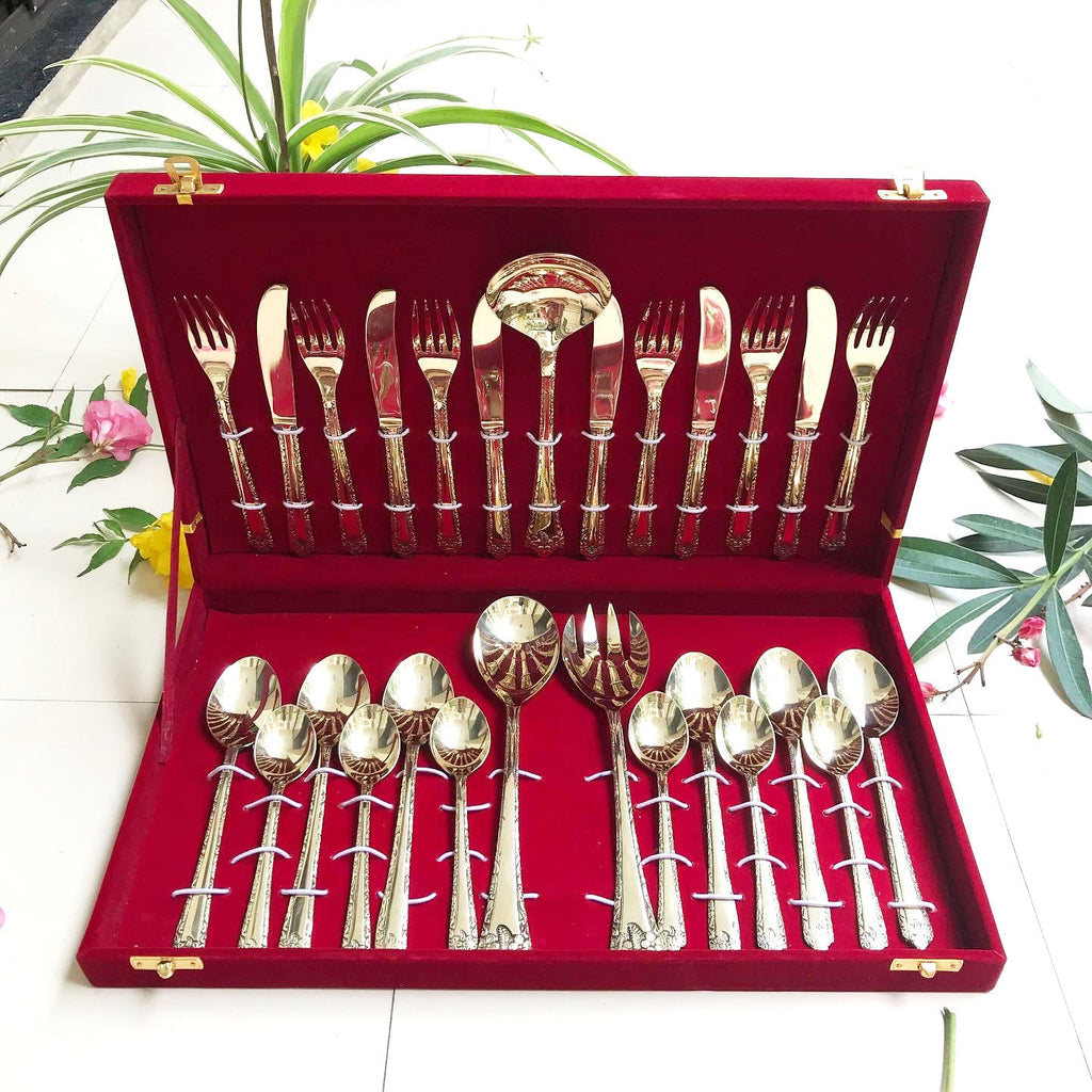 27-Piece Handcrafted Brass Cutlery Set | Premium Traditional Brass Flatware for Elegant Dining | Sustainable & Antique Finish Utensils