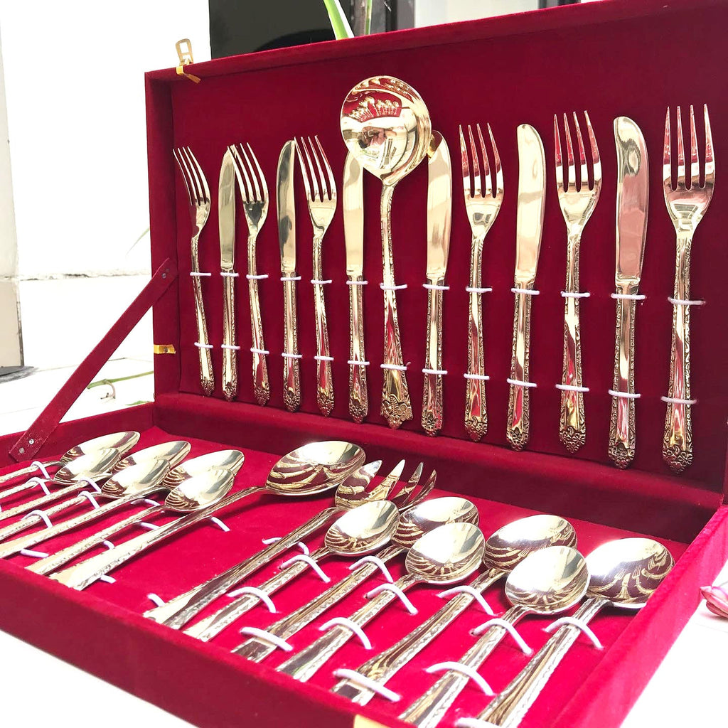 27-Piece Handcrafted Brass Cutlery Set | Premium Traditional Brass Flatware for Elegant Dining | Sustainable & Antique Finish Utensils