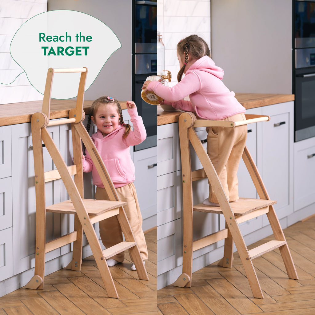 Folding Growing Chair – Montessori Step Stool with Safety Rails for Toddlers – Beige
