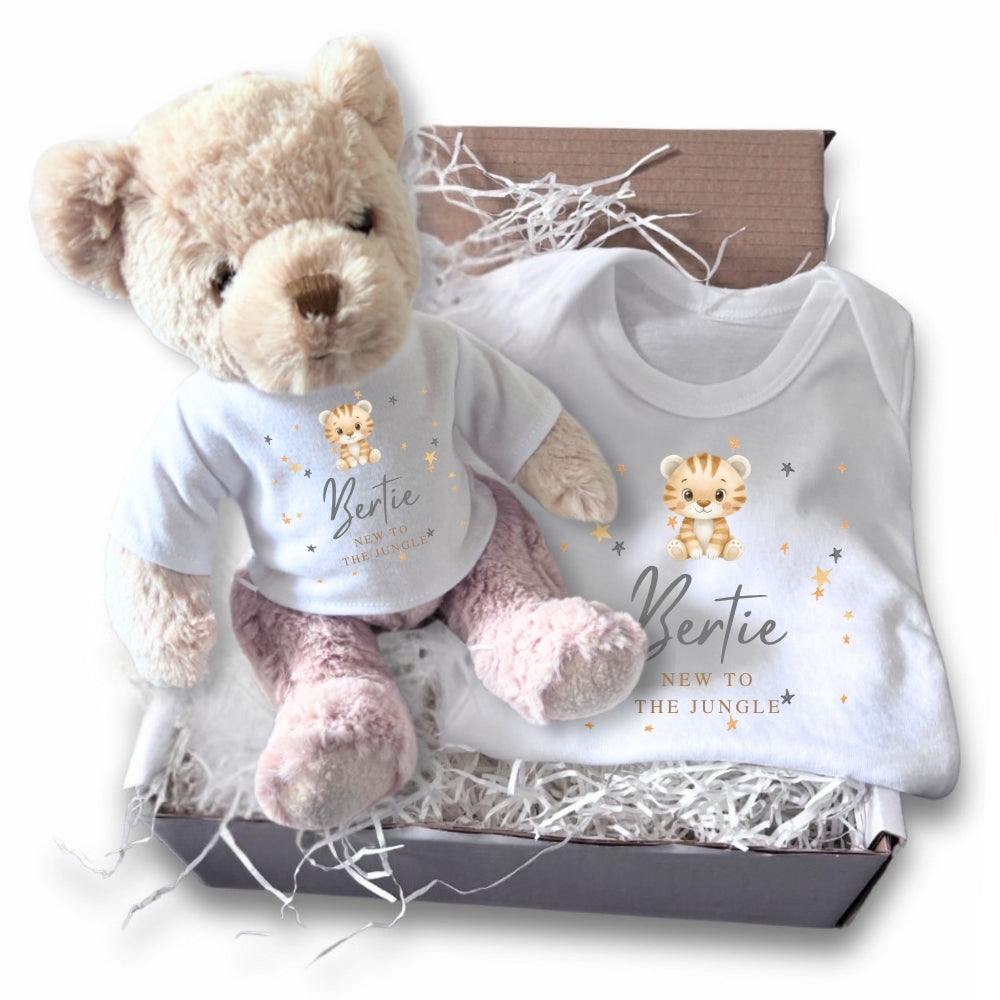 Personalised New to the Jungle Tiger Gift Hamper | Teddy & Baby Vest