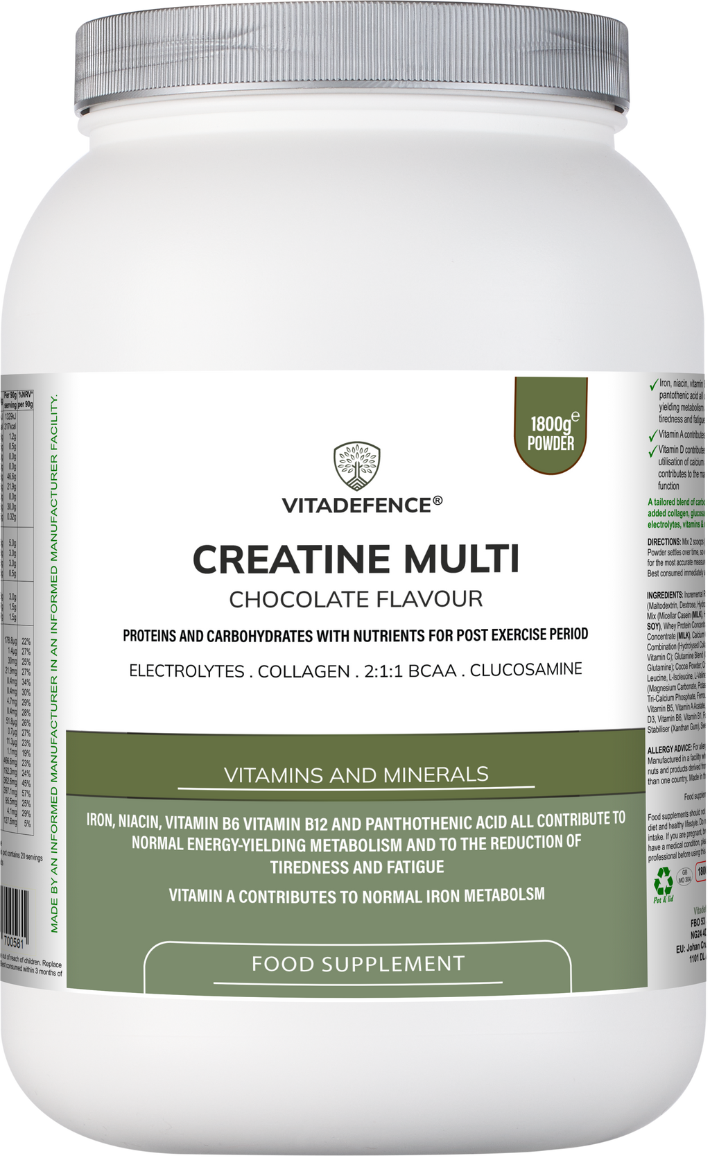 Creatine Multi | Chocolate Flavour Recovery Shake with BCAA, Collagen, Electrolytes, Vitamins & Minerals – 1.8 kg