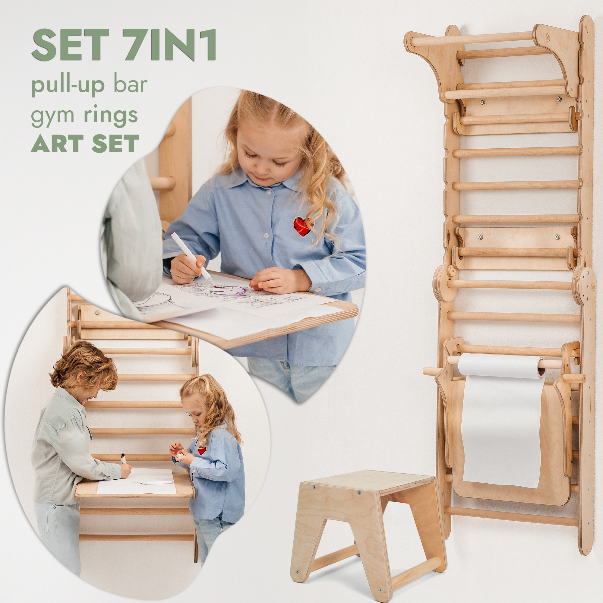 5in1 Swedish Ladder for Kids – Transforms into Pikler Triangle, Slide, Swing & Art Add-on
