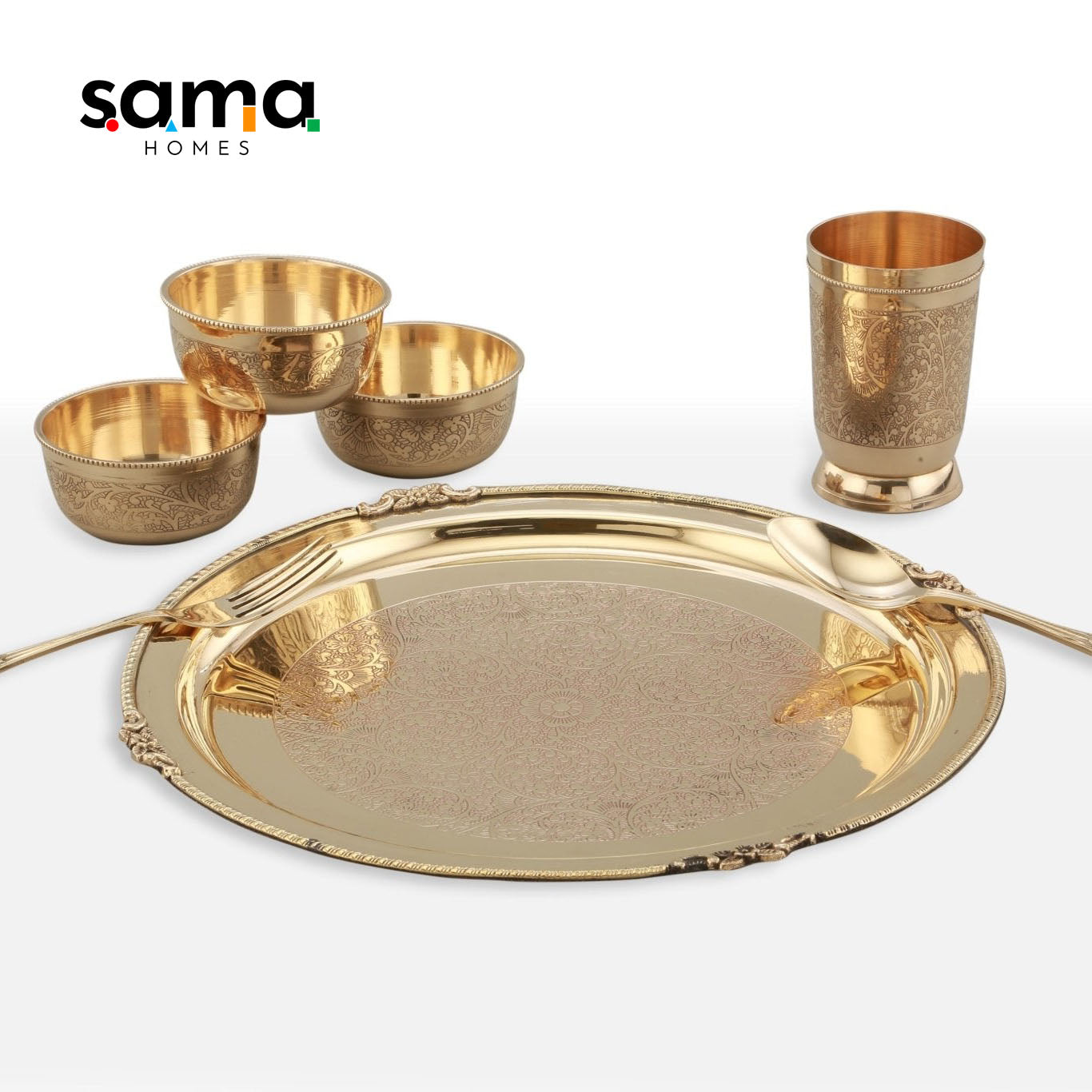 7-Piece Brass Etched Dinner Set | Handcrafted Traditional Tableware for Healthy Living | Eco-Friendly Dining Essentials