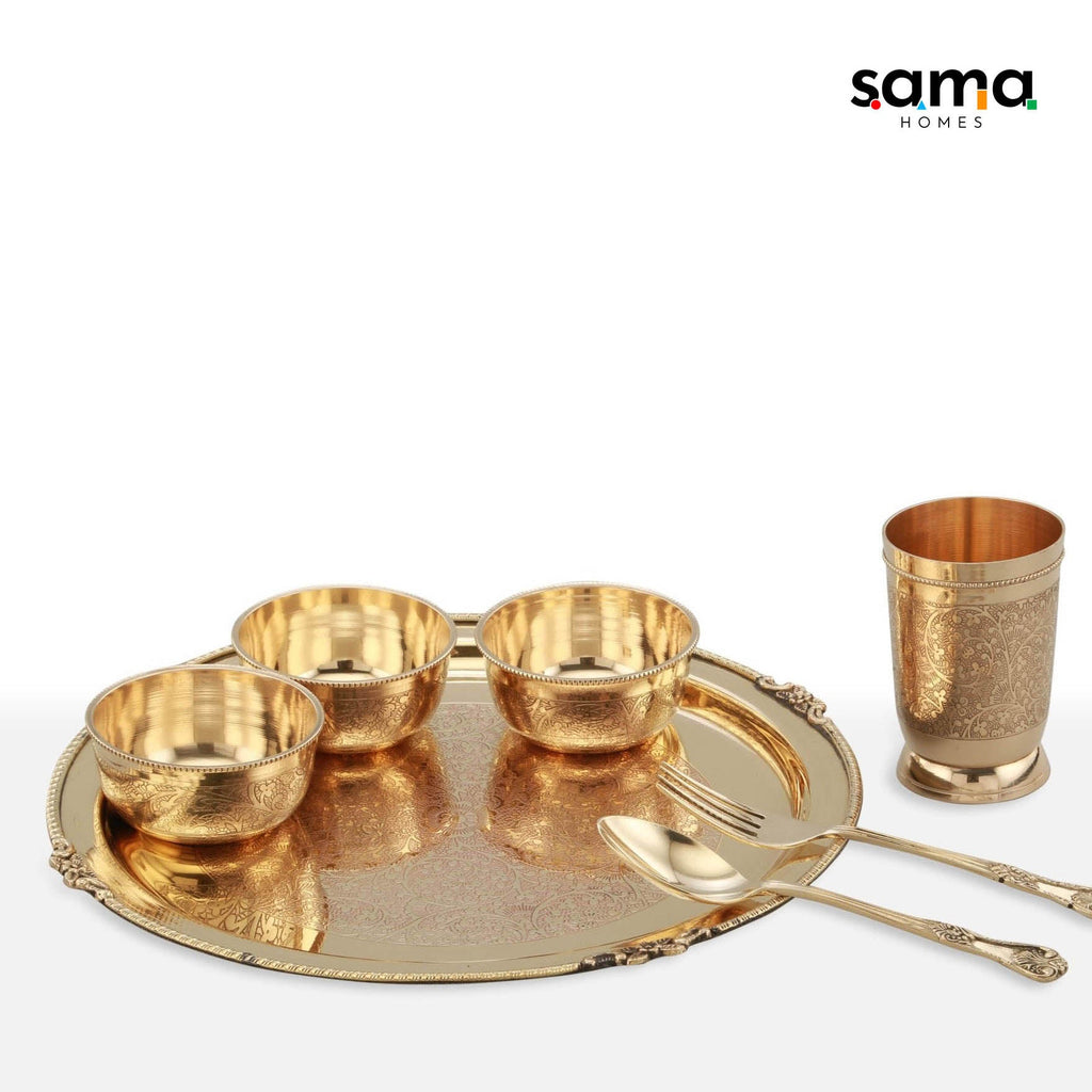 7-Piece Brass Etched Dinner Set | Handcrafted Traditional Tableware for Healthy Living | Eco-Friendly Dining Essentials