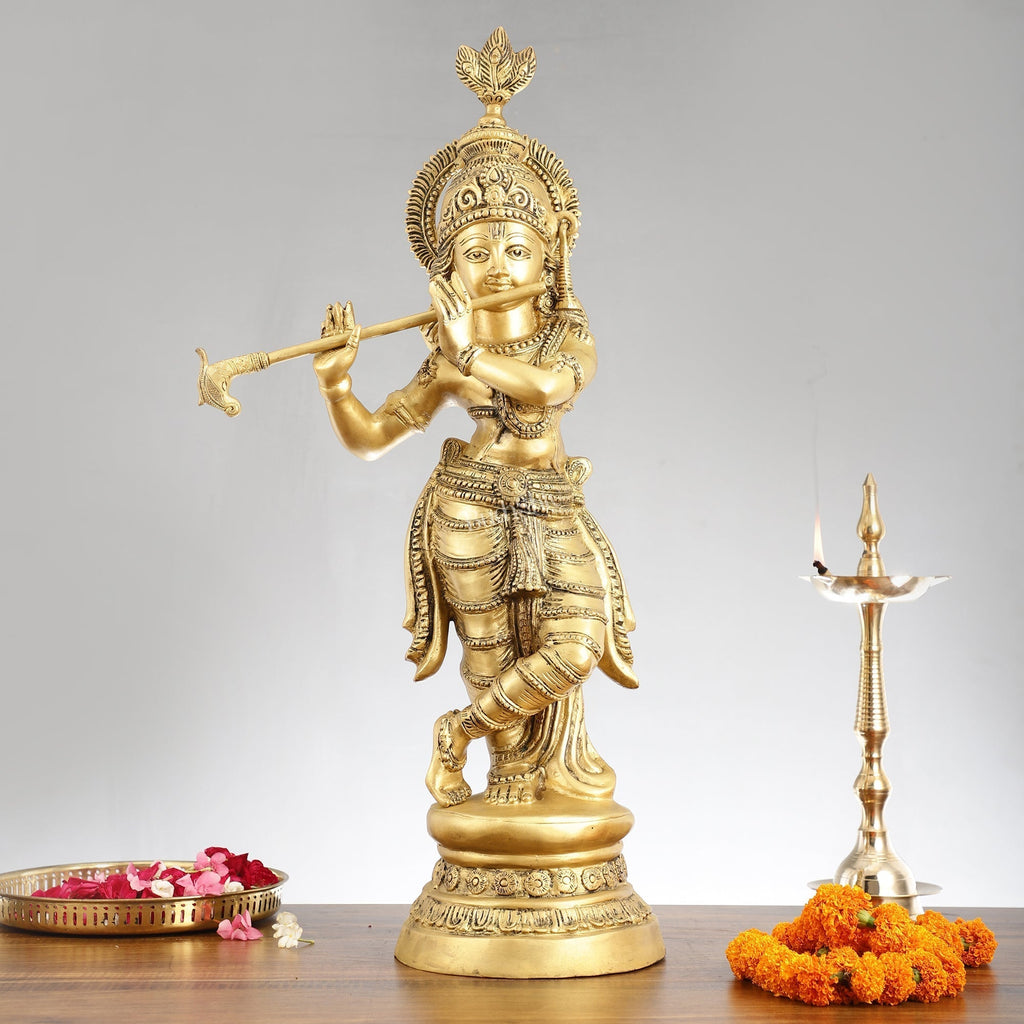 Brass Ever-smiling Krishna Playing Flute Statue | Height 28 Inch | span Embrace divine