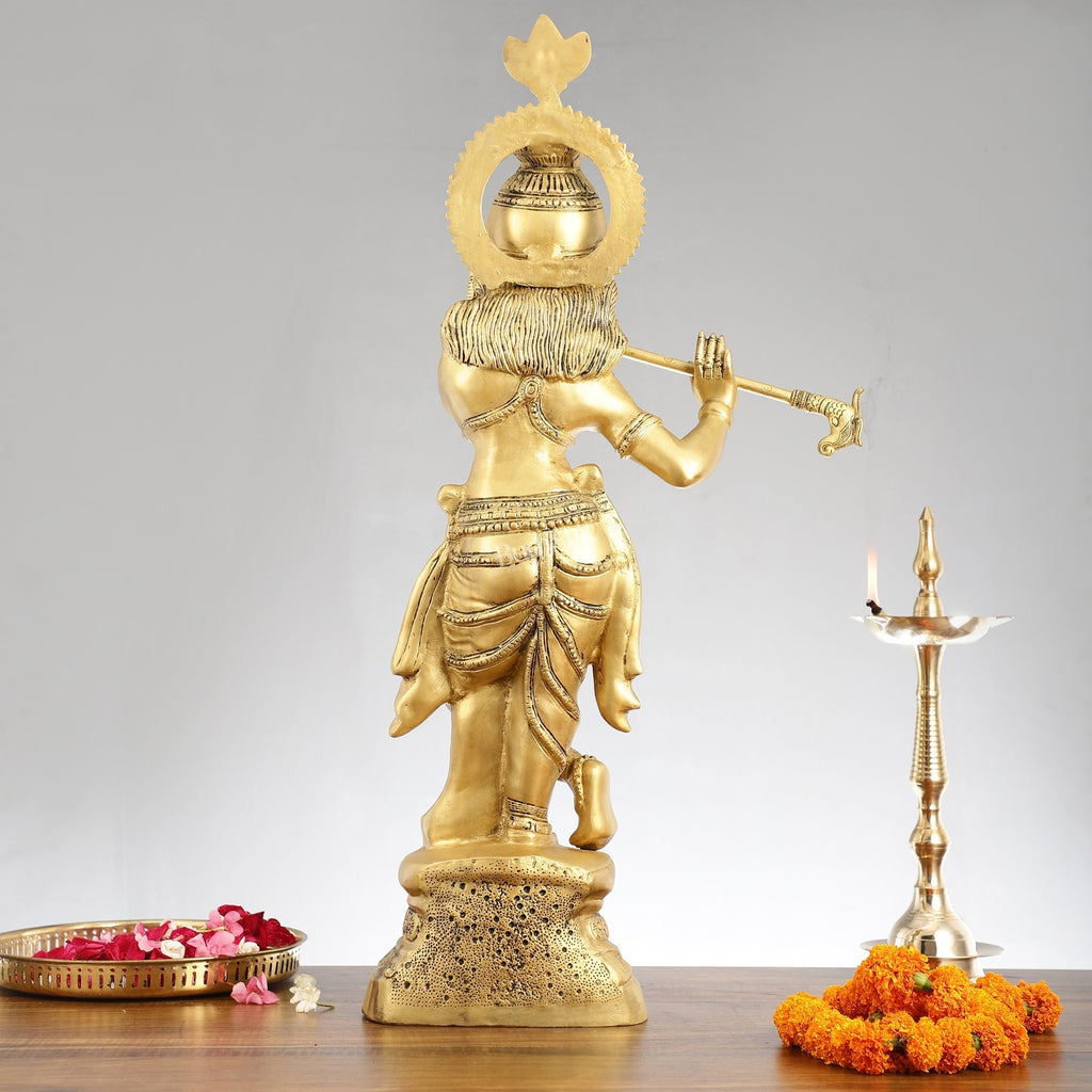 Brass Ever-smiling Krishna Playing Flute Statue | Height 28 Inch | span Embrace divine