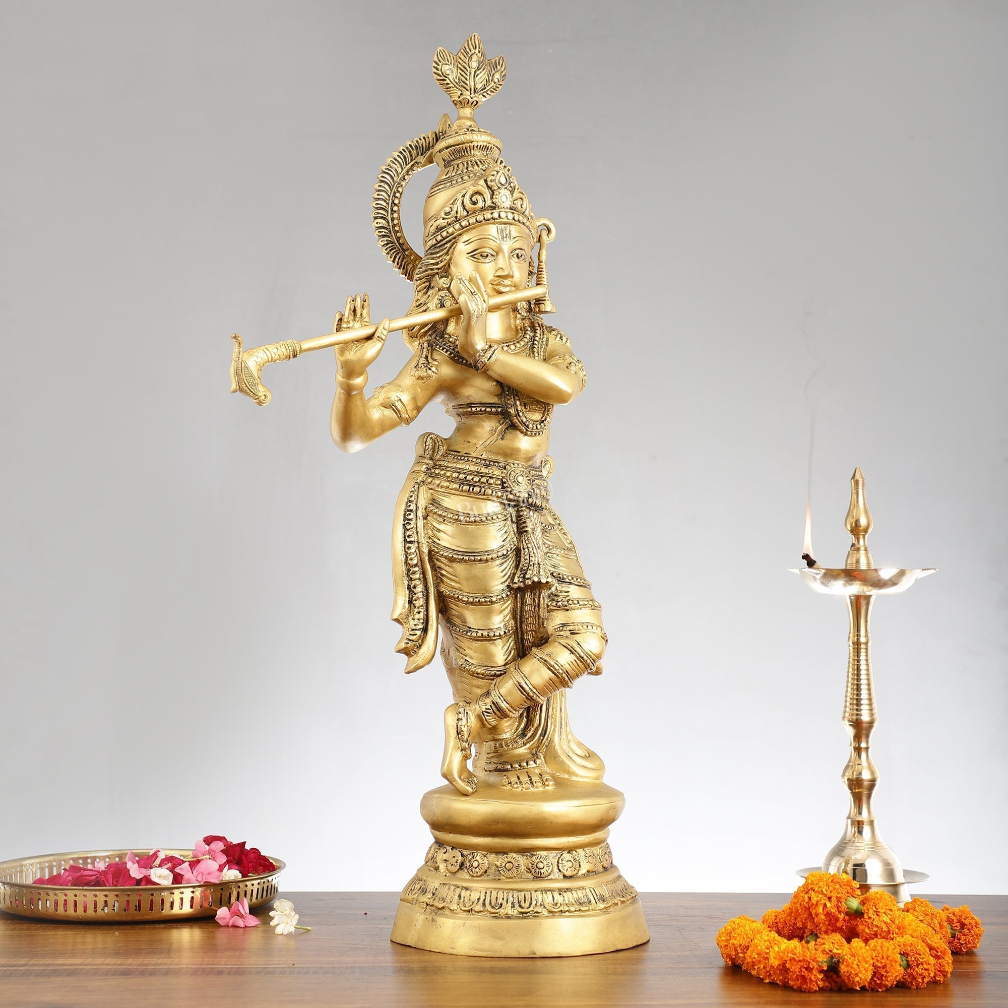 Brass Ever-smiling Krishna Playing Flute Statue | Height 28 Inch | span Embrace divine