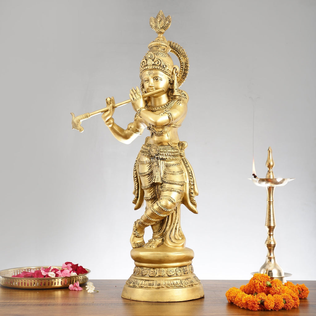 Brass Ever-smiling Krishna Playing Flute Statue | Height 28 Inch | span Embrace divine