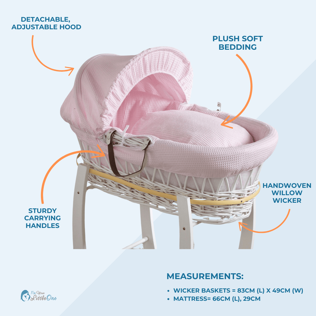 White Waffle White Wicker Baby Moses Basket With Stand