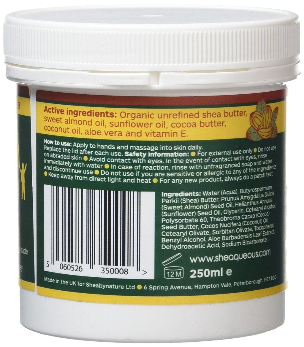 3 Pots of Sheaqueous Aqueous Cream with Shea Butter, Almond Oil, cocoa butter, vitamin E. A natural aqueous cream for very dry skin, for Sensitive Skin, Children, Eczema prone skin , Use in Pregnancy for expanding tummy NO ADDED FRAGRANCE